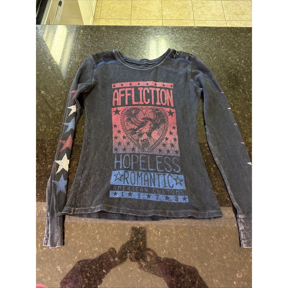 Affliction Ladies Long Sleeve Waffle Knit Shirt Sz S Lace Stars Black Biker